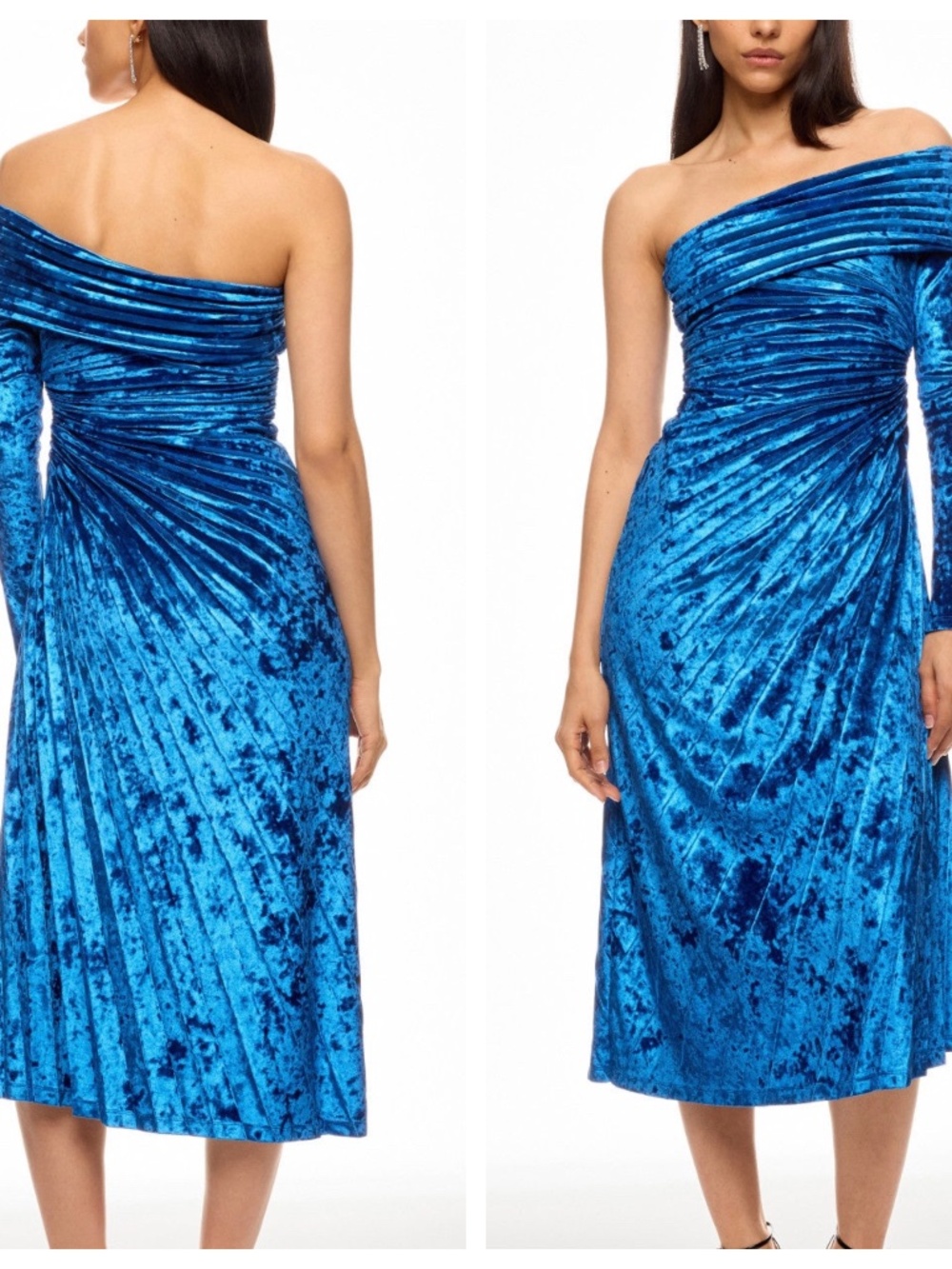 DELFI Collective Darina Blue Crushed Velvet One Shoulder Midi Ruched Dress SMALL